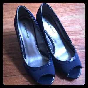 Blue, peep toe, wedges heels.